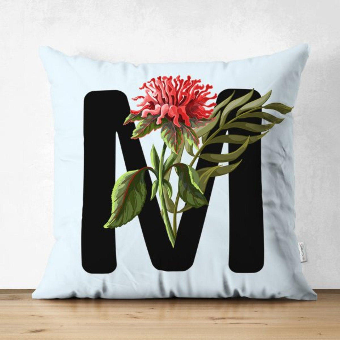 Letter Pillow Cover|Floral Alphabet Cushion Case|J to R Letter Throw Pillow Top|Unique Sofa Decor|Decorative English Alphabet with Flowers