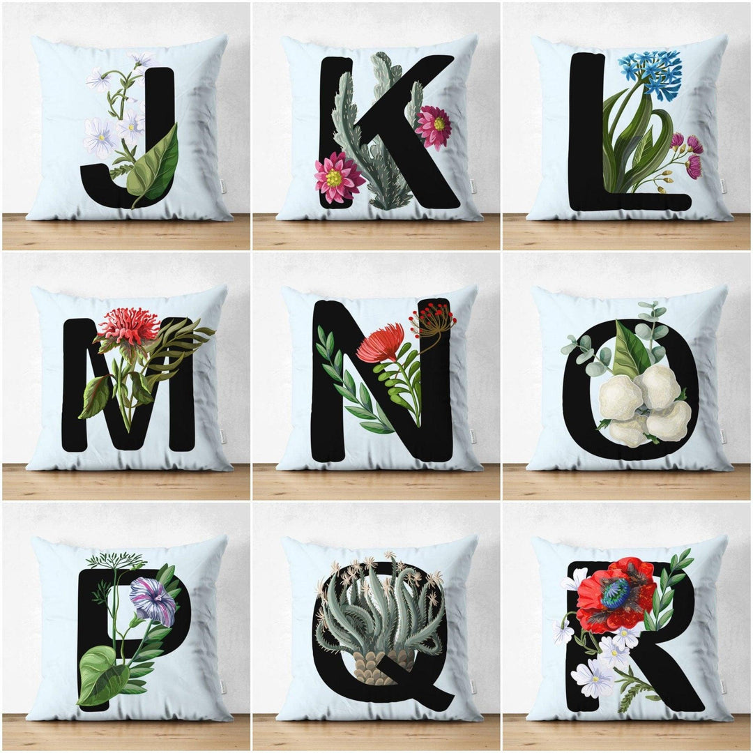 Letter Pillow Cover|Floral Alphabet Cushion Case|J to R Letter Throw Pillow Top|Unique Sofa Decor|Decorative English Alphabet with Flowers