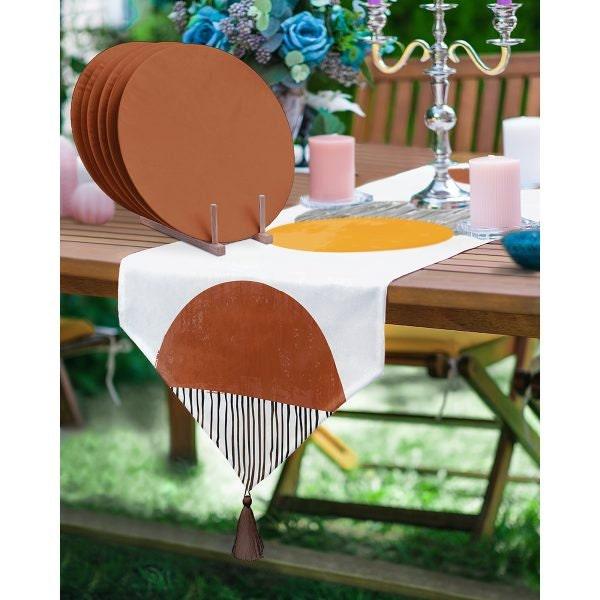 Abstract Shapes Runner & Placemat Set|Decorative Tabletop|Set of 6 Supla Table Mat|Brown Orange Table Runner and American Service Underplate