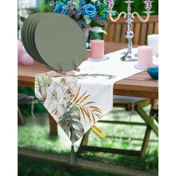 Green Floral Runner & Placemat Set|Tropical Tabletop|Set of 6 Supla Table Mat|Triangle Runner with Leaves and American Service Underplate