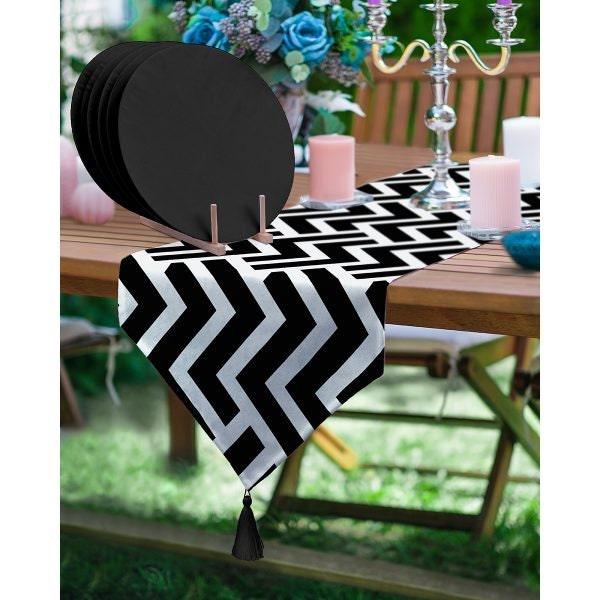 Geometric Runner & Placemat Set|Black White Tabletop|Set of 6 Supla Table Mat|Zigzag and Striped Tablecloth and American Service Underplate