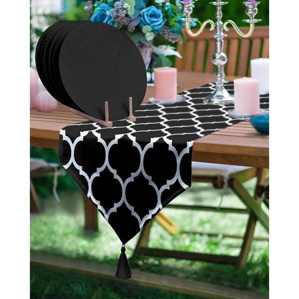 Geometric Runner & Placemat Set|Black White Tabletop|Set of 6 Supla Table Mat|Zigzag and Striped Tablecloth and American Service Underplate