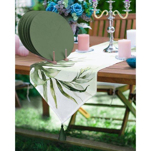 Leaves Table Runner & Placemat Set|Tropical Tabletop|Set of 6 Supla Table Mat|Floral Green Leaves Tablecloth and American Service Underplate