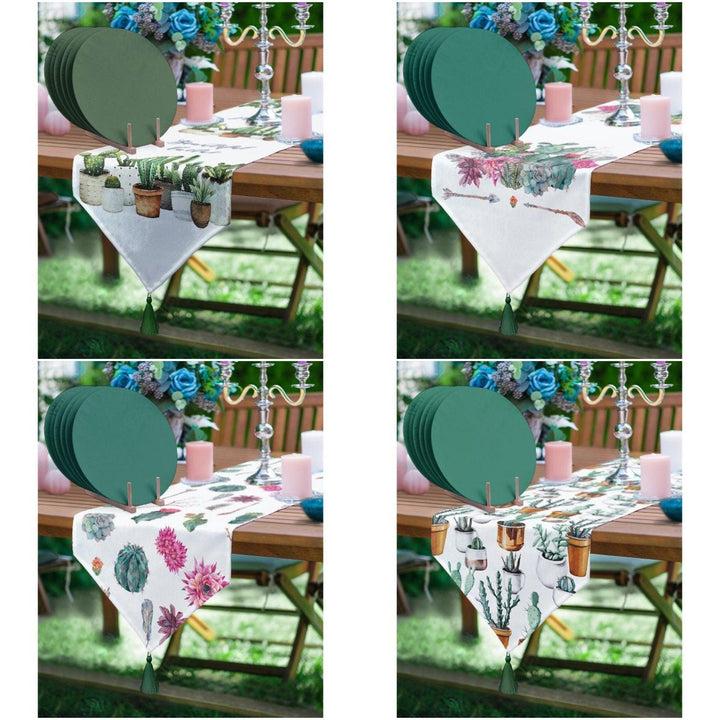 Cactus Table Runner & Placemat Set|Succulent Tabletop|Set of 6 Supla Table Mat|Green Pink Cactus Tablecloth and American Service Underplate