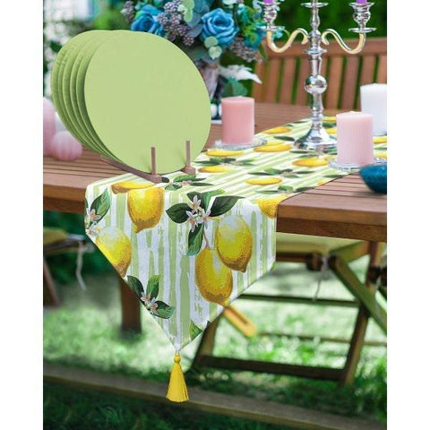 Lemon Table Runner & Placemat Set|Fresh Citrus Tabletop|Set of 6 Supla Table Mat|Yellow Green Tablecloth and American Service Underplate