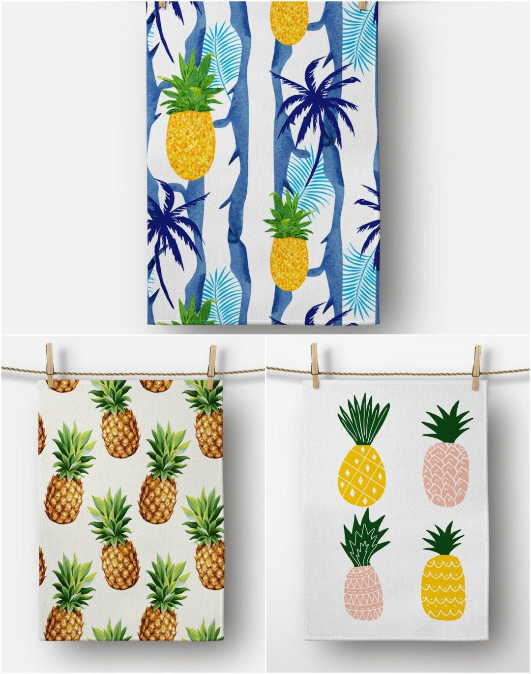 Pineapple Hand Towel|Fruit Printed Kitchen Towel|Blue Yellow Dish Towel|Decorative Tea Towel|Housewarming Summer Trend Hand Towel|Dishcloth