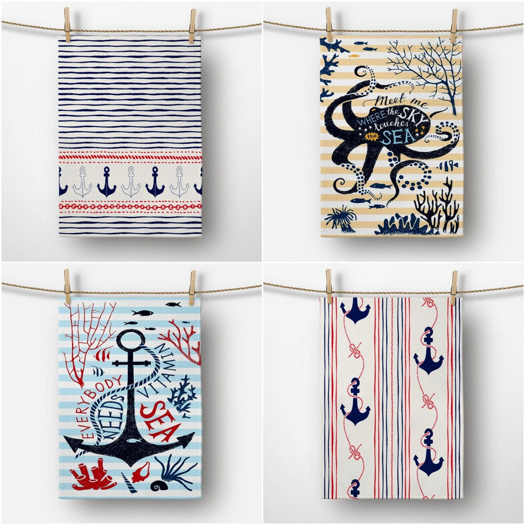 Nautical Hand Towel|Navy Anchor Kitchen Towel|Octopus Dish Towel|Decorative Tea Towel|Housewarming Beach House Hand Towel|Coastal Dishcloth