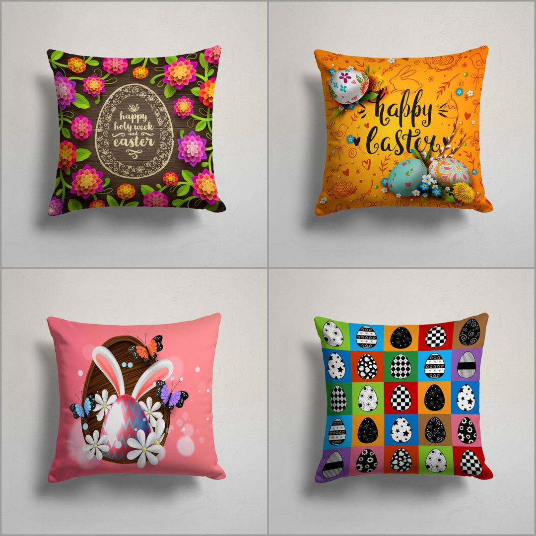 Happy Easter Pillow Cover|Floral Happy Holy Week and Easter Cushion|Black White Designed Egg Throw Pillowtop|Bunny and Butterfly Cushion