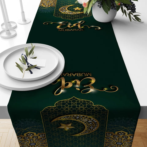 Islamic Table Runner|Eid Mubarak Table Decor|Ramadan Kareem Tablecloth|Ramadan Home Decor|White Gold Mystic Tabletop|Religious Motif Runner