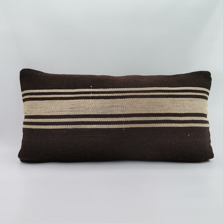 Turkish Kilim Pillow Cover|Brown Kelim Cushion with Beige Stripes|Ottoman Rug Lumbar Pillow|Handwoven Anatolian Decor|Vintage Cushion 12x24