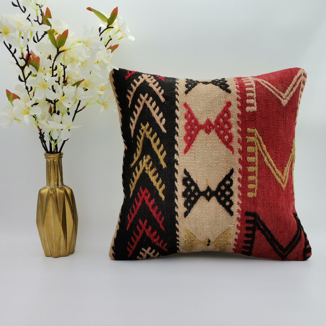 Turkish Kilim Pillow Cover|Rustic Kelim Cushion Case|Vintage Throw Pillow Top|Handwoven Cushion Case|Anatolian Rug Decor|Ottoman Decor 16x16