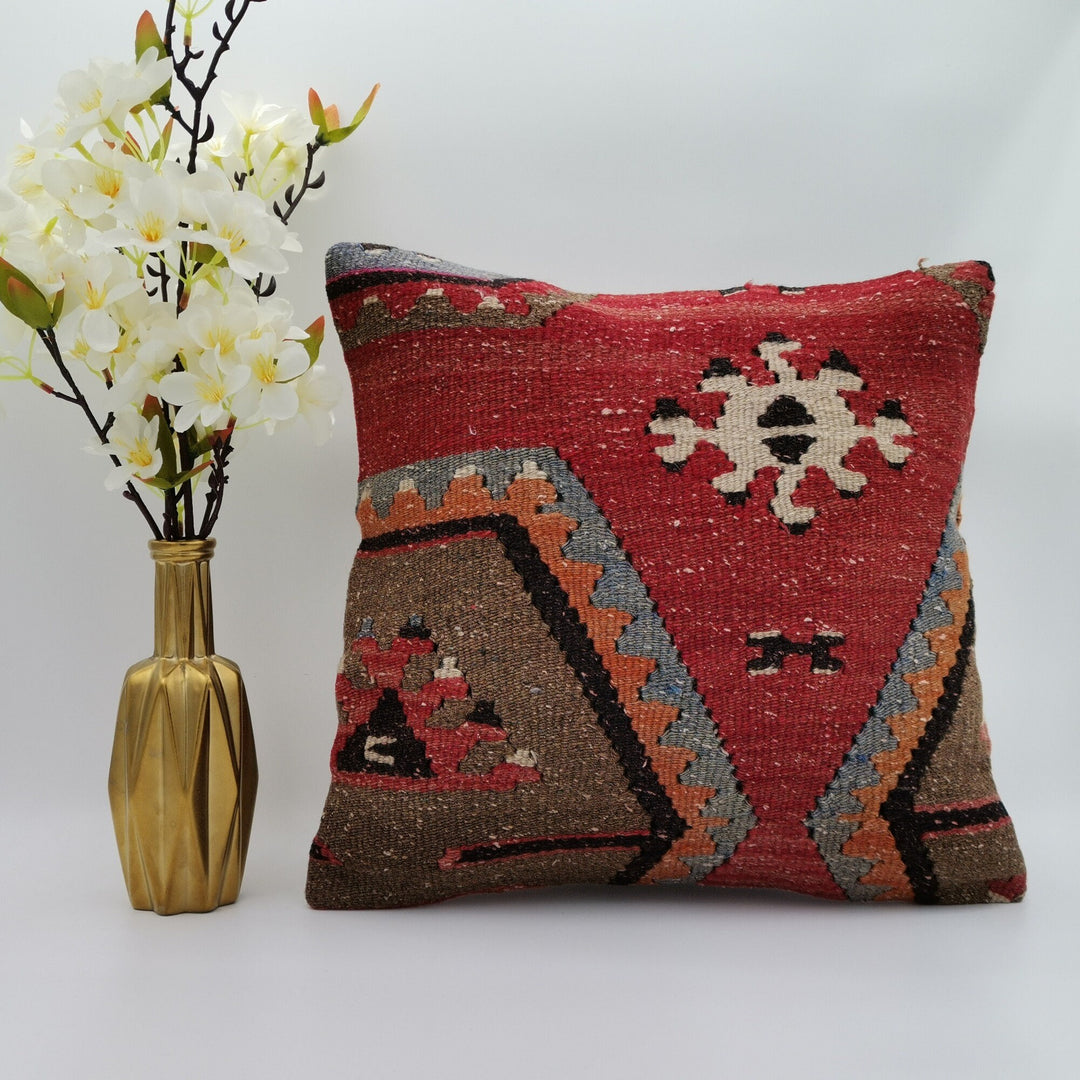 Turkish Kilim Pillow Cover|Vintage Kelim Cushion Case|Eclectic Anatolian Throw Pillow Cover|Boho Bedding Decor|Handwoven Ottoman Rug 16x16