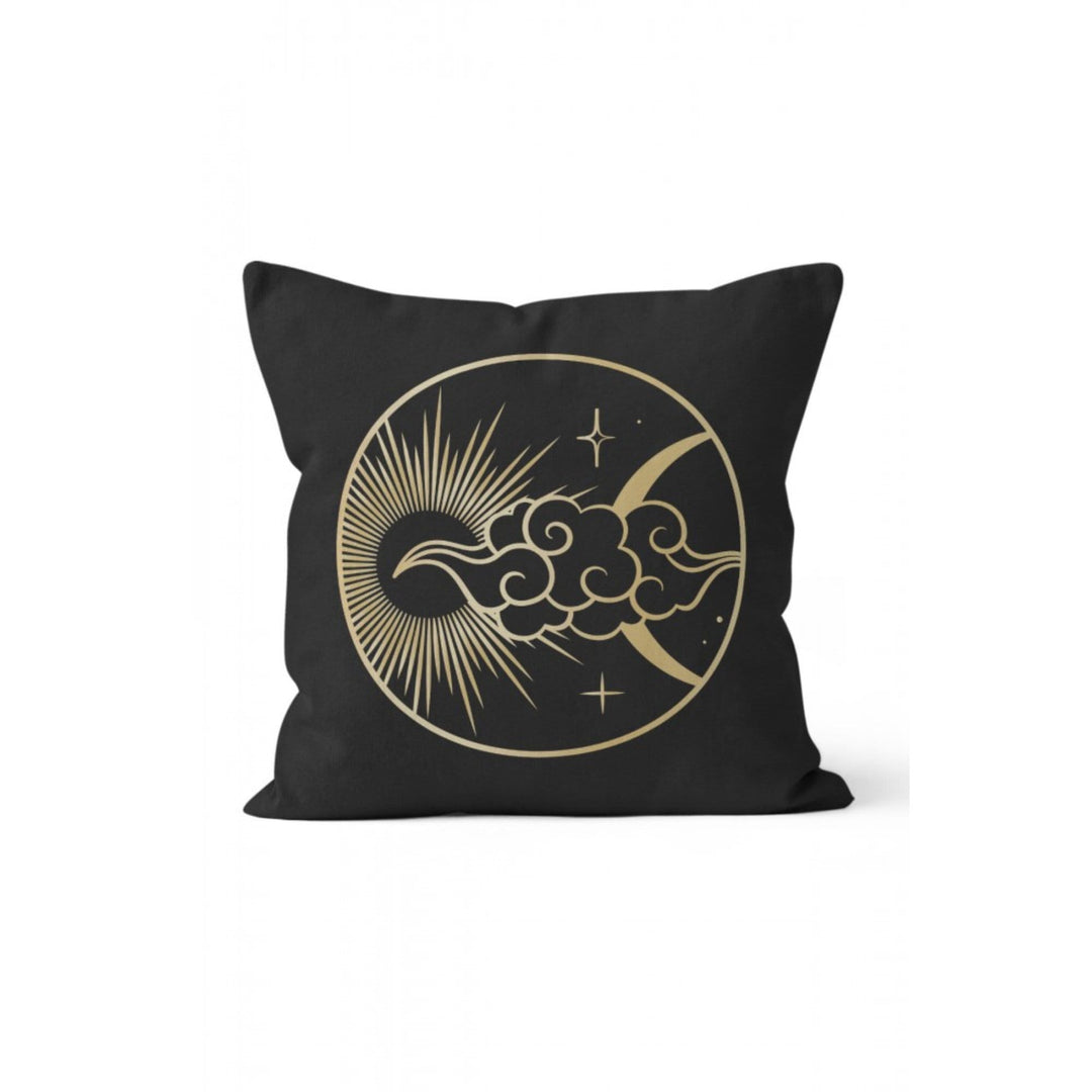 Moon Pillow Cover|Moon Dream Cushion Case|Black Gold Planet Home Decor|Decorative Space Pillowcase|Sun and Phases of the Moon Cushion Cover