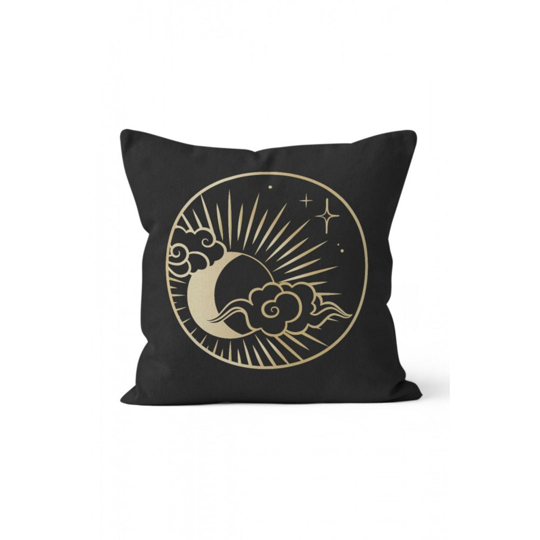 Moon Pillow Cover|Moon Dream Cushion Case|Black Gold Planet Home Decor|Decorative Space Pillowcase|Sun and Phases of the Moon Cushion Cover