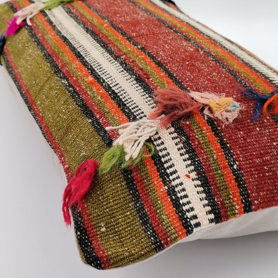 Vintage Kilim Pillow Cover|Rustic Ottoman Kilim with Stripes|Antique Farmhouse Lumbar Pillowcase|Boho Bedding Decor|Handwoven Cushion 12x24