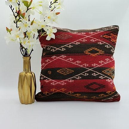 Vintage Kilim Pillow Cover|Turkish Kilim Cushion Case|Traditional Soft Throw Pillow Top|Diamond Pattern Rug Design|Handwoven Cushion 16x16