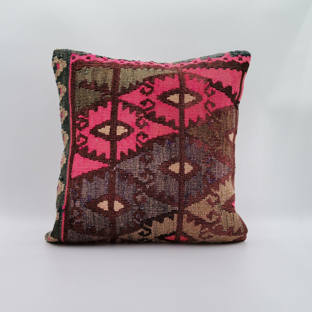 Vintage Kilim Pillow Cover|Diamond Pattern Turkish Kelim Cushion Case|Soft Upholstery Throw Pillow Top|Handwoven Rug Design Cushion 16x16