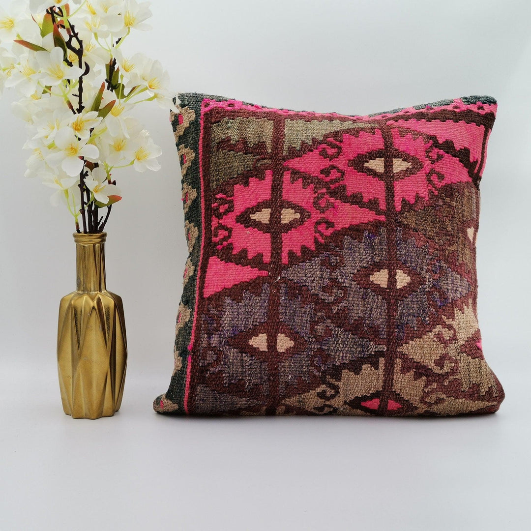 Vintage Kilim Pillow Cover|Diamond Pattern Turkish Kelim Cushion Case|Soft Upholstery Throw Pillow Top|Handwoven Rug Design Cushion 16x16