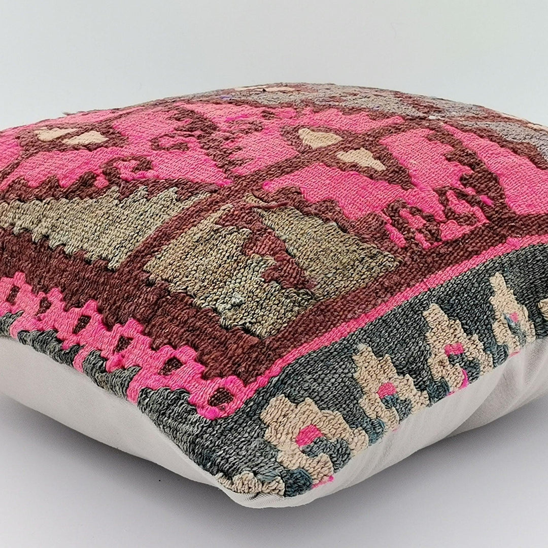 Vintage Kilim Pillow Cover|Diamond Pattern Turkish Kelim Cushion Case|Soft Upholstery Throw Pillow Top|Handwoven Rug Design Cushion 16x16