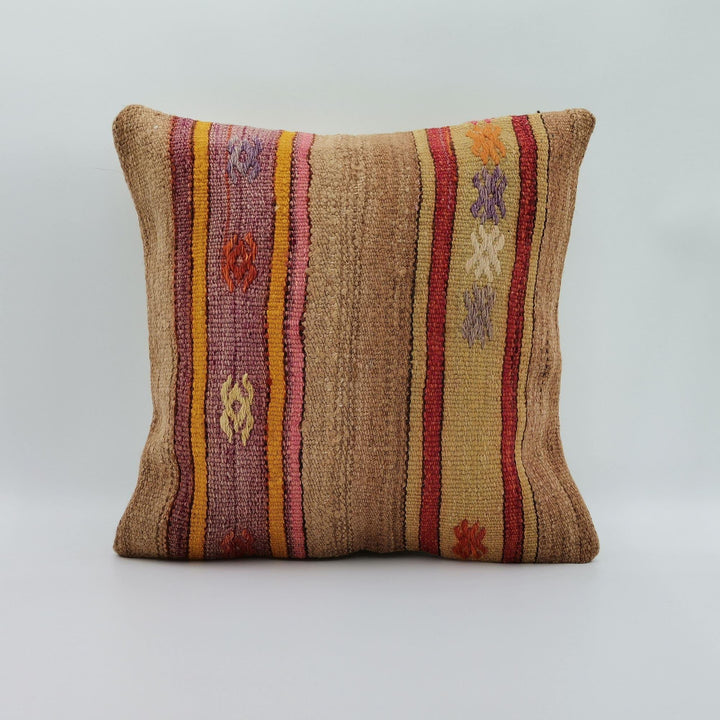 Turkish Kilim Pillow Cover|Farmhouse Vintage Kelim Cushion Case|Rustic Throw Pillow Top|Handwoven Anatolian Rug Design Cushion Case 16x16