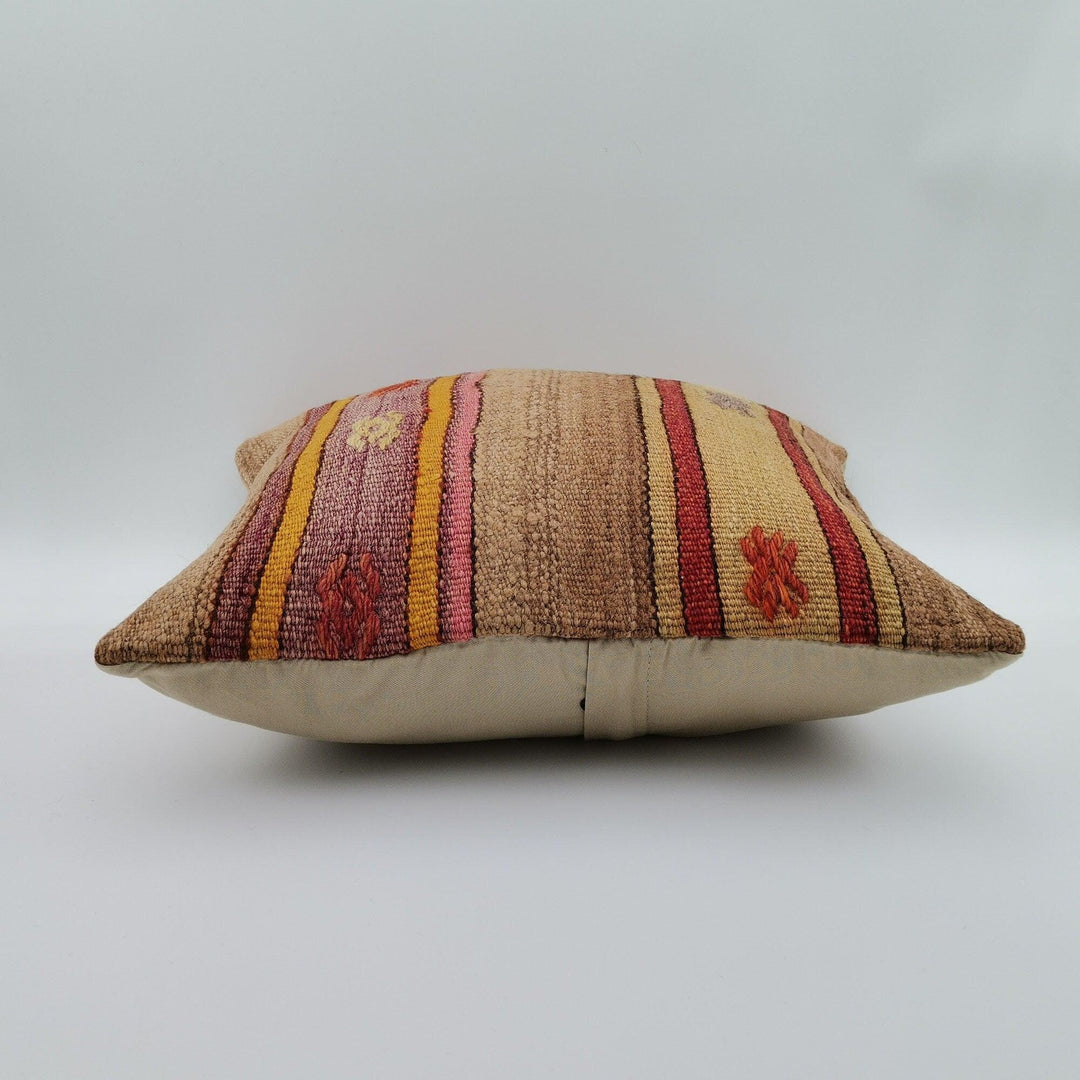 Turkish Kilim Pillow Cover|Farmhouse Vintage Kelim Cushion Case|Rustic Throw Pillow Top|Handwoven Anatolian Rug Design Cushion Case 16x16