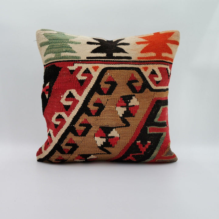 Turkish Kilim Pillow Cover|Abstract Design Kelim Cushion Case|Ottoman Rug Throw Pillow Top|Handwoven Anatolian Decor|Vintage Cushion 16x16