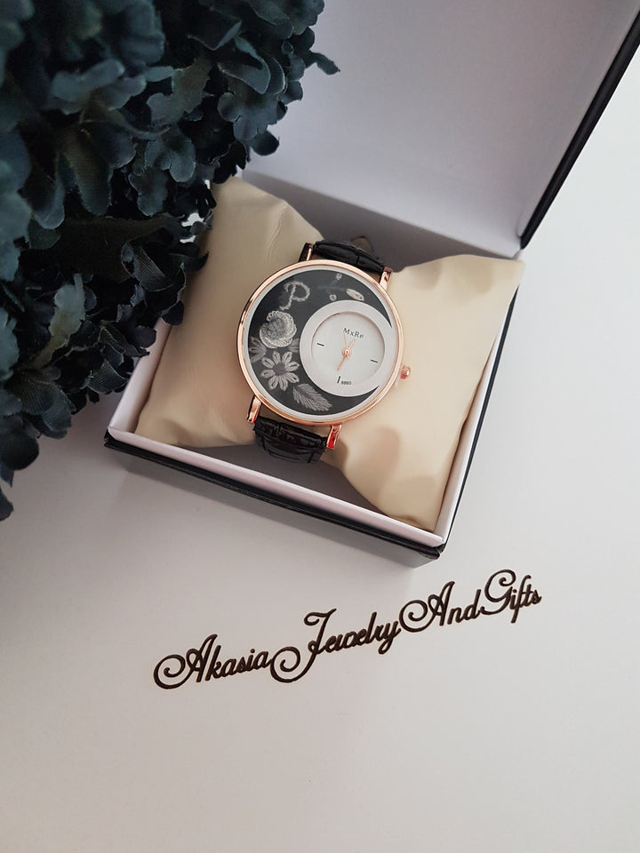 Embroidered Floral Women's Watch|Daisy and Rose Black Wrist Watch|Personalized Unique Gift for Her|Mothers Day Gift|Hand Stitched Embroidery