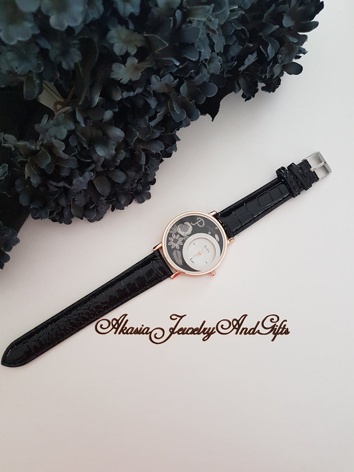 Embroidered Floral Women's Watch|Daisy and Rose Black Wrist Watch|Personalized Unique Gift for Her|Mothers Day Gift|Hand Stitched Embroidery