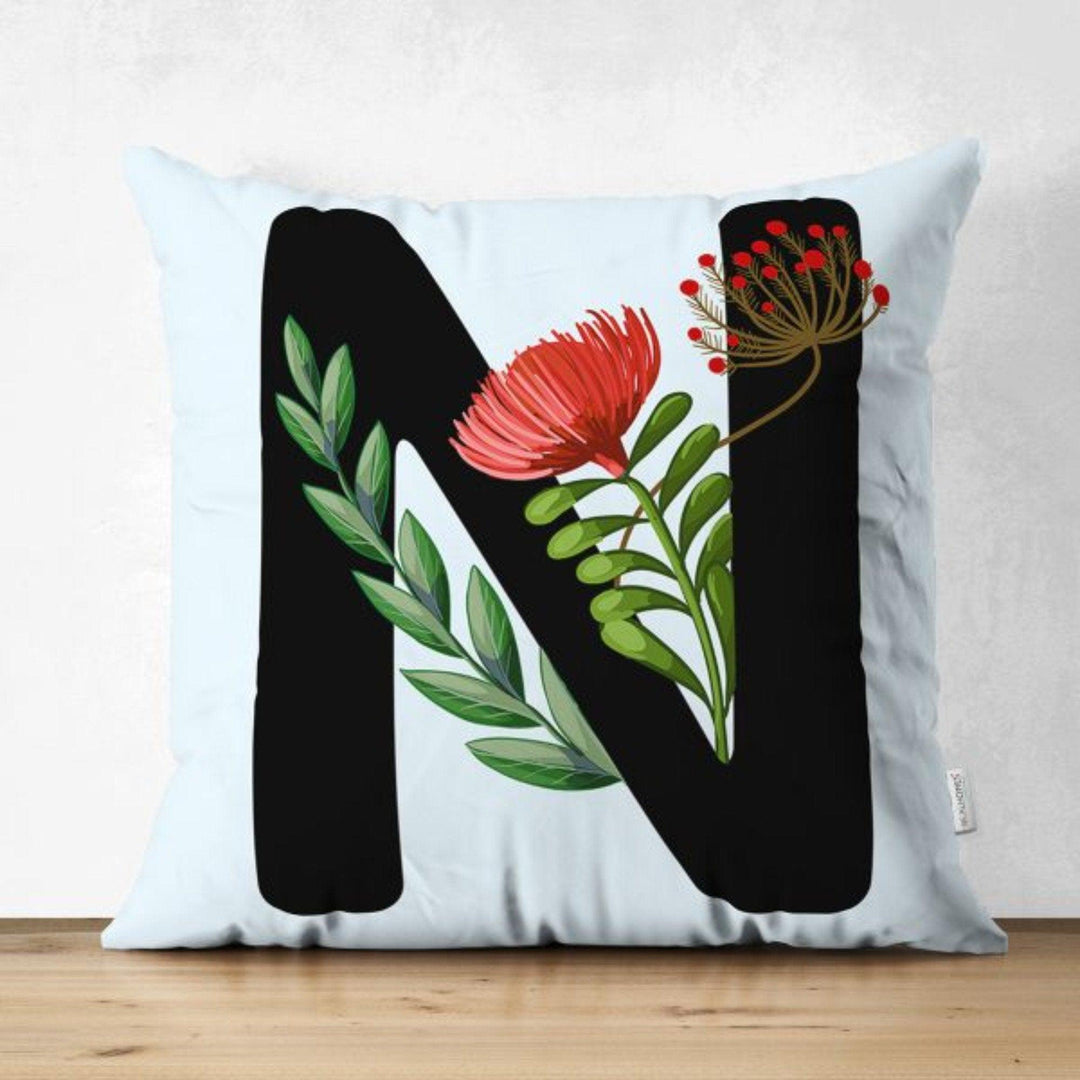 Letter Pillow Cover|Floral Alphabet Cushion Case|J to R Letter Throw Pillow Top|Unique Sofa Decor|Decorative English Alphabet with Flowers