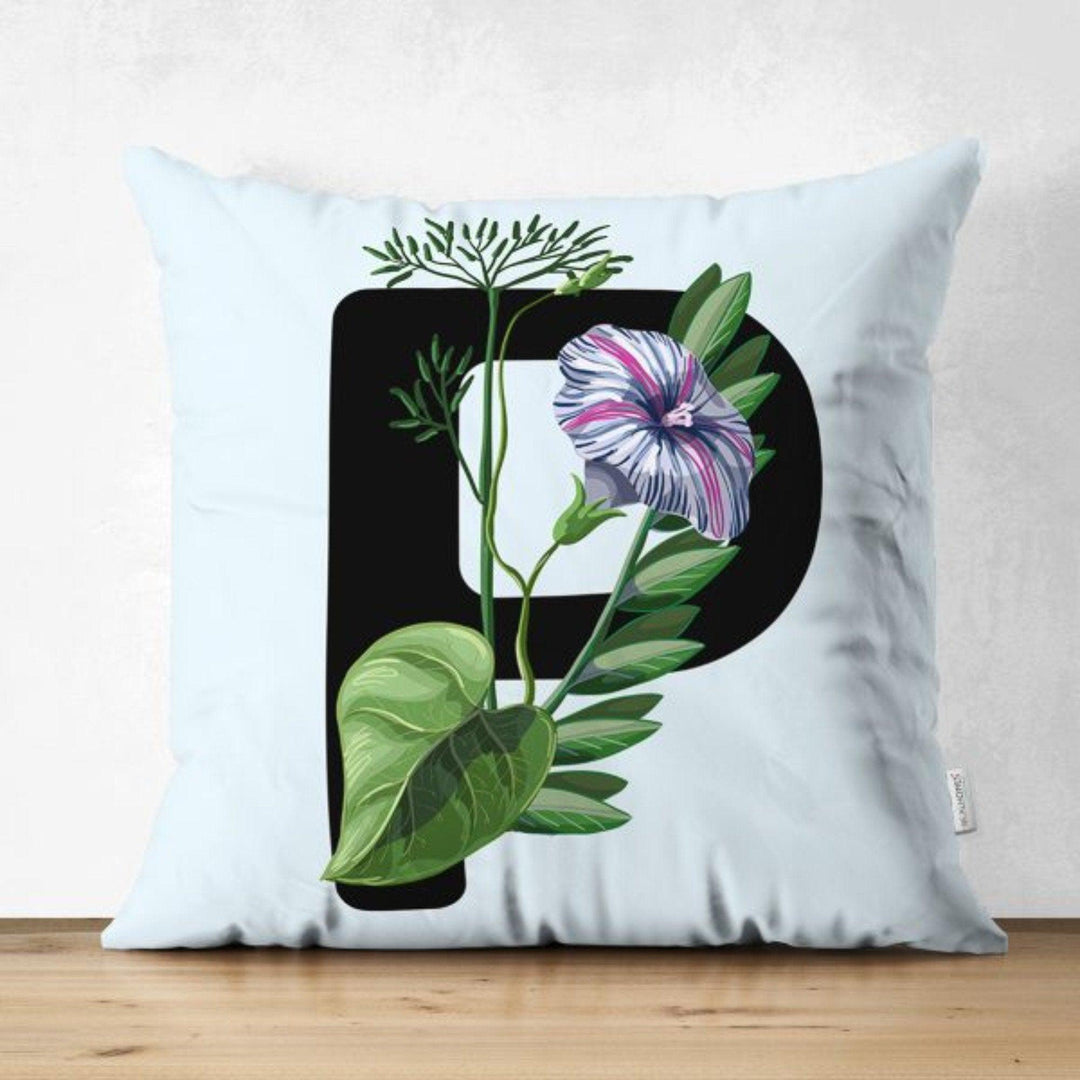 Letter Pillow Cover|Floral Alphabet Cushion Case|J to R Letter Throw Pillow Top|Unique Sofa Decor|Decorative English Alphabet with Flowers