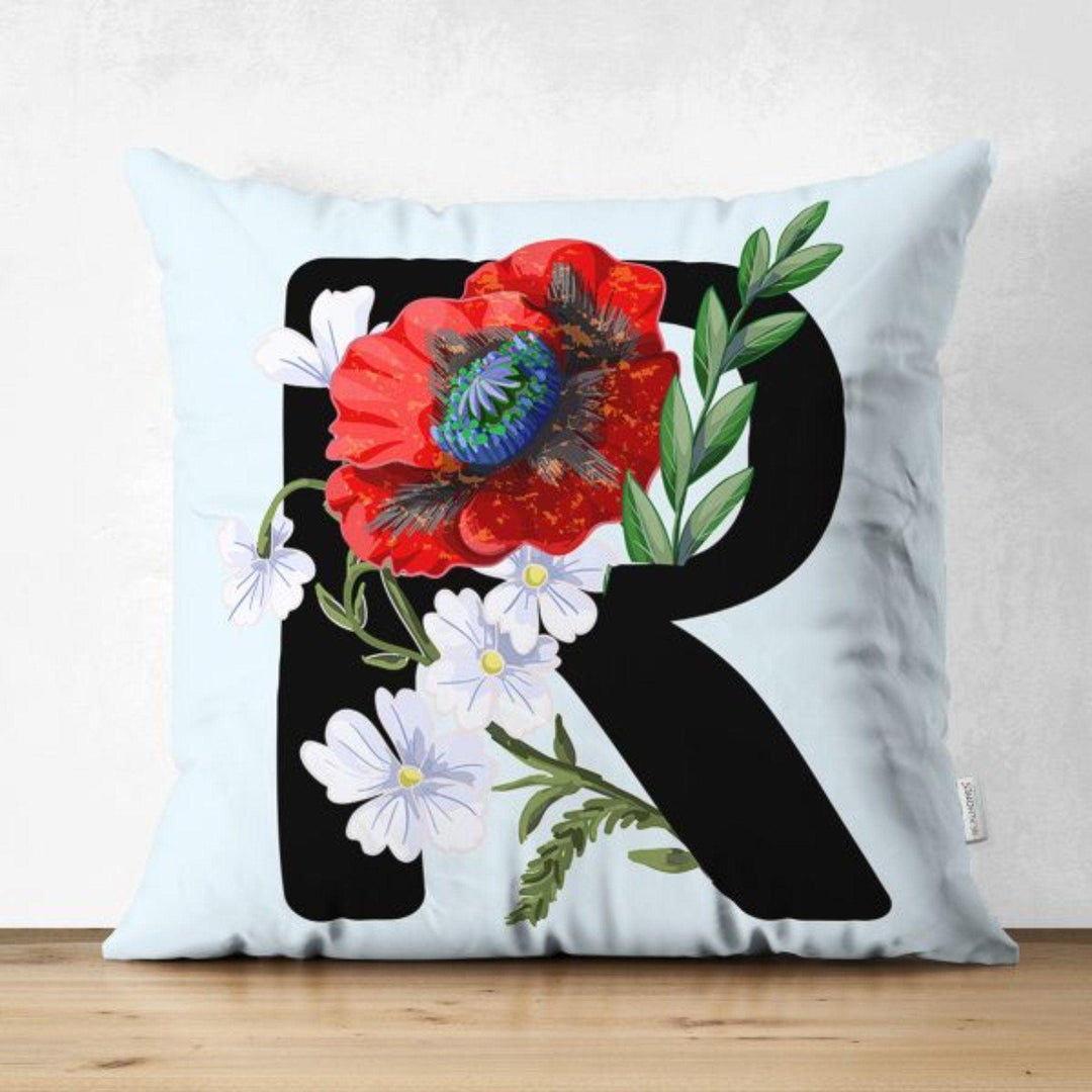 Letter Pillow Cover|Floral Alphabet Cushion Case|J to R Letter Throw Pillow Top|Unique Sofa Decor|Decorative English Alphabet with Flowers