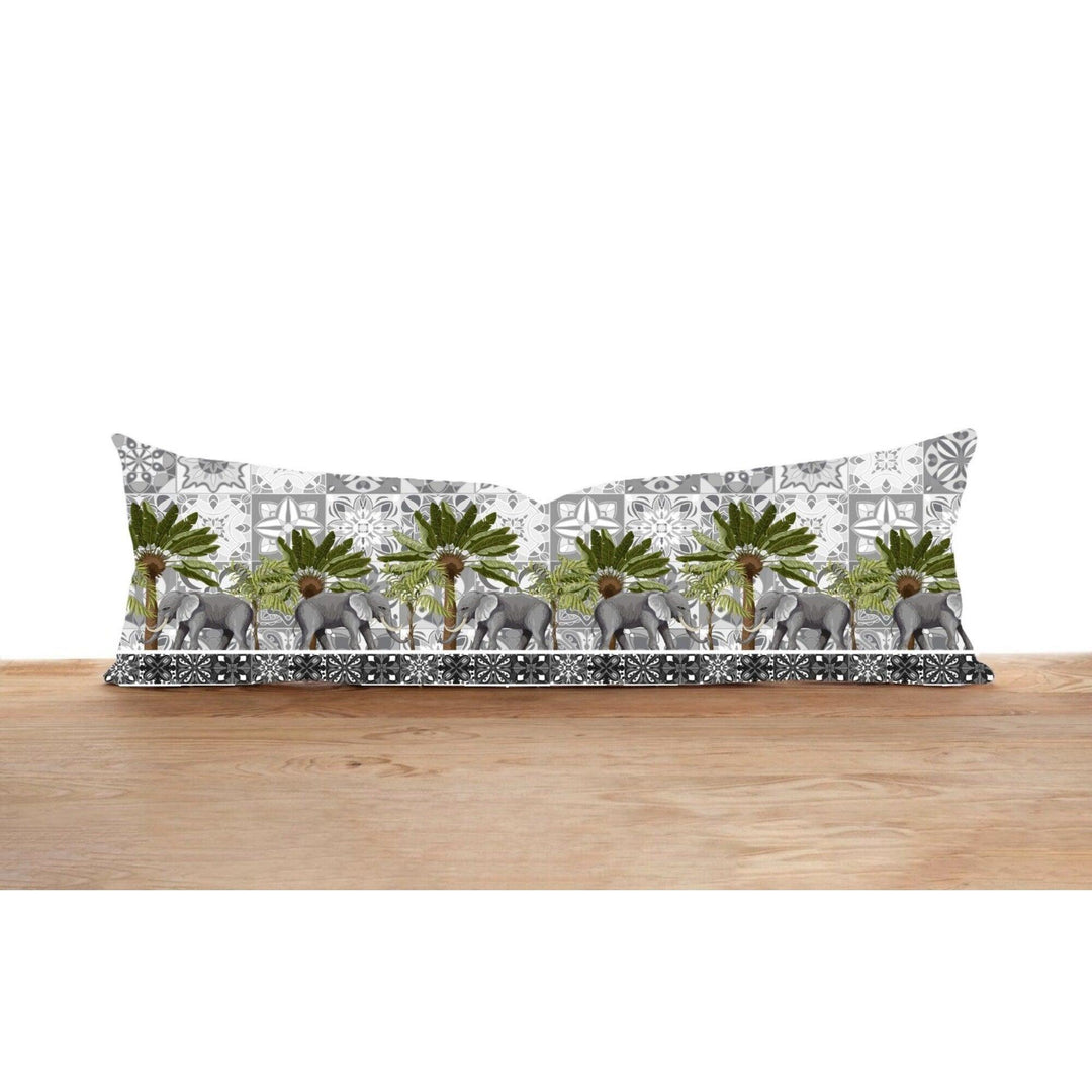 Long Lumbar Pillow Cover|Elephant Print Bolster Cushion Case|Tropical Tree Oversized Lumbar Pillow Top|Big Gray Elephant Long Bedding Decor