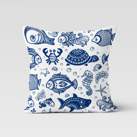 Beach House Pillow Case|Navy Marine Cushion Cover|Blue White Nautical Decor|Starfish Throw Pillow|Seahorse Sea Turtle Decor|Seashell Cushion