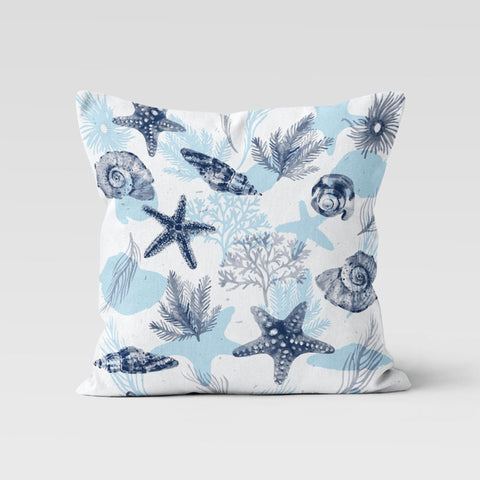 Beach House Pillow Case|Navy Marine Cushion Cover|Blue White Nautical Decor|Starfish Throw Pillow|Seahorse Sea Turtle Decor|Seashell Cushion