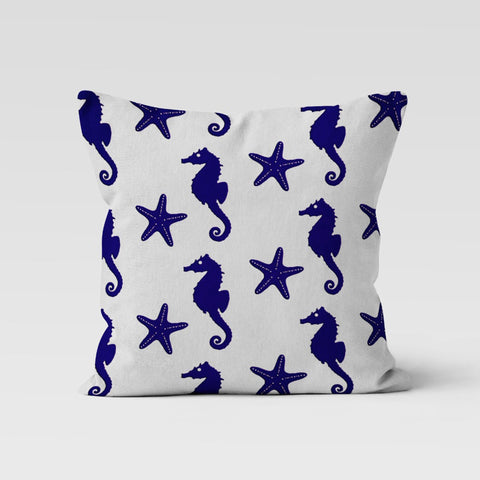 Beach House Pillow Case|Navy Marine Cushion Cover|Blue White Nautical Decor|Starfish Throw Pillow|Seahorse Sea Turtle Decor|Seashell Cushion