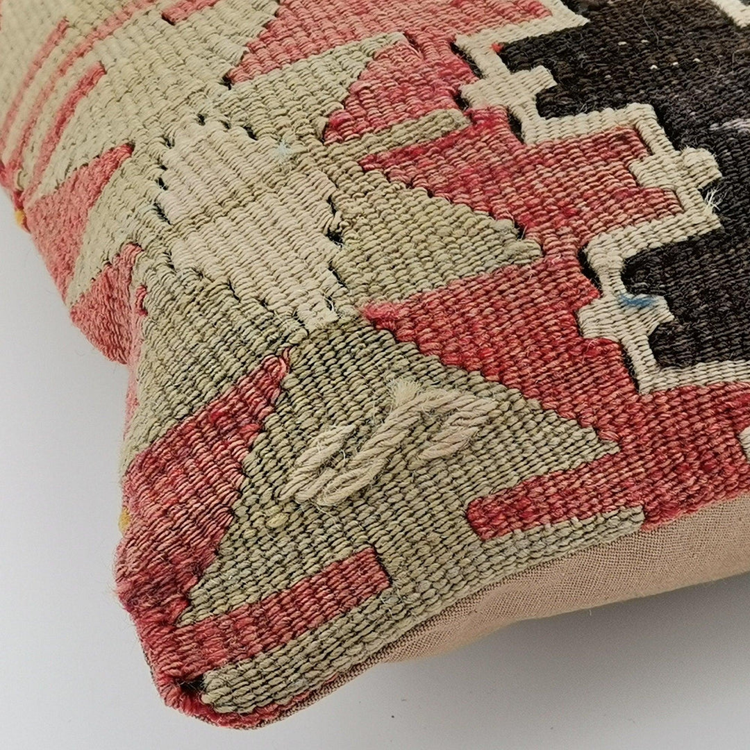 Turkish Kilim Pillow Cover|Geometric Design Kelim Cushion Case|Ottoman Rug Lumbar Pillow Top|Handwoven Anatolian Decor|Vintage Cushion 12x24