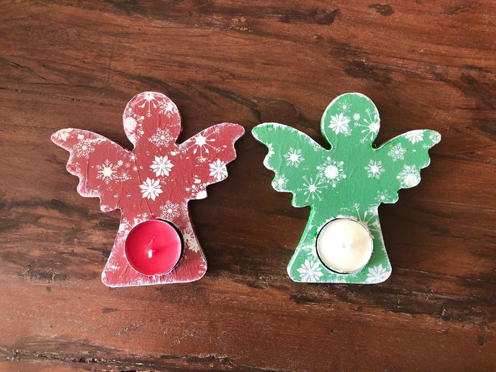 Set of 2 Wooden Candle Holder|Hand Painted Decor|Red Green Candle Holder Set|Angel Shaped Decor|Housewarming Gift For Women|Mothers Day Gift