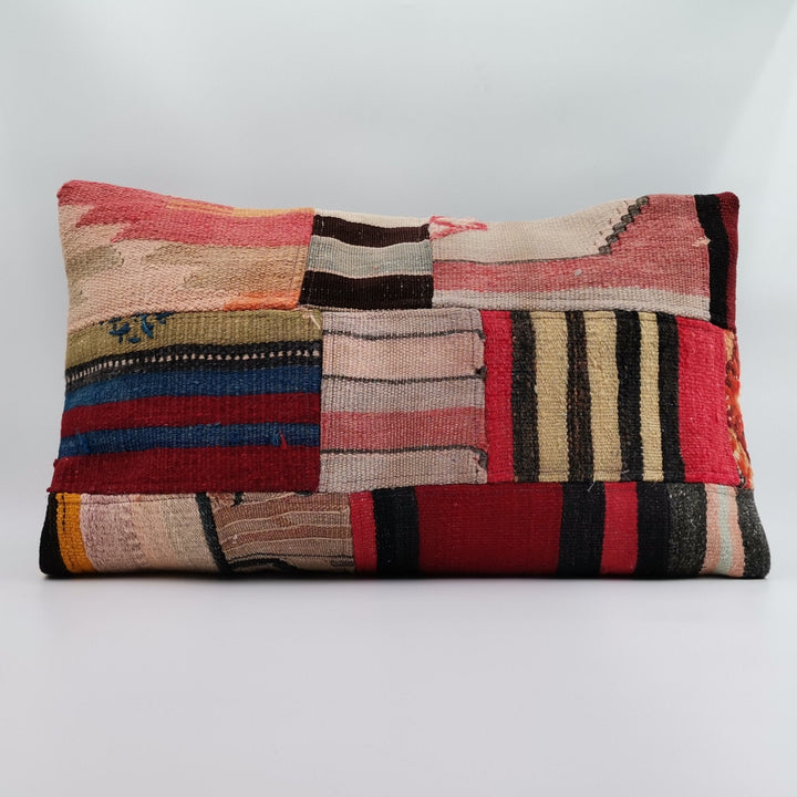 Turkish Kilim Pillow Cover|Handmade Anatolian Kelim Cushion Case|Rustic Lumbar Pillow Top|Handwoven Patchwork Rug Design Cushion Case 16x24