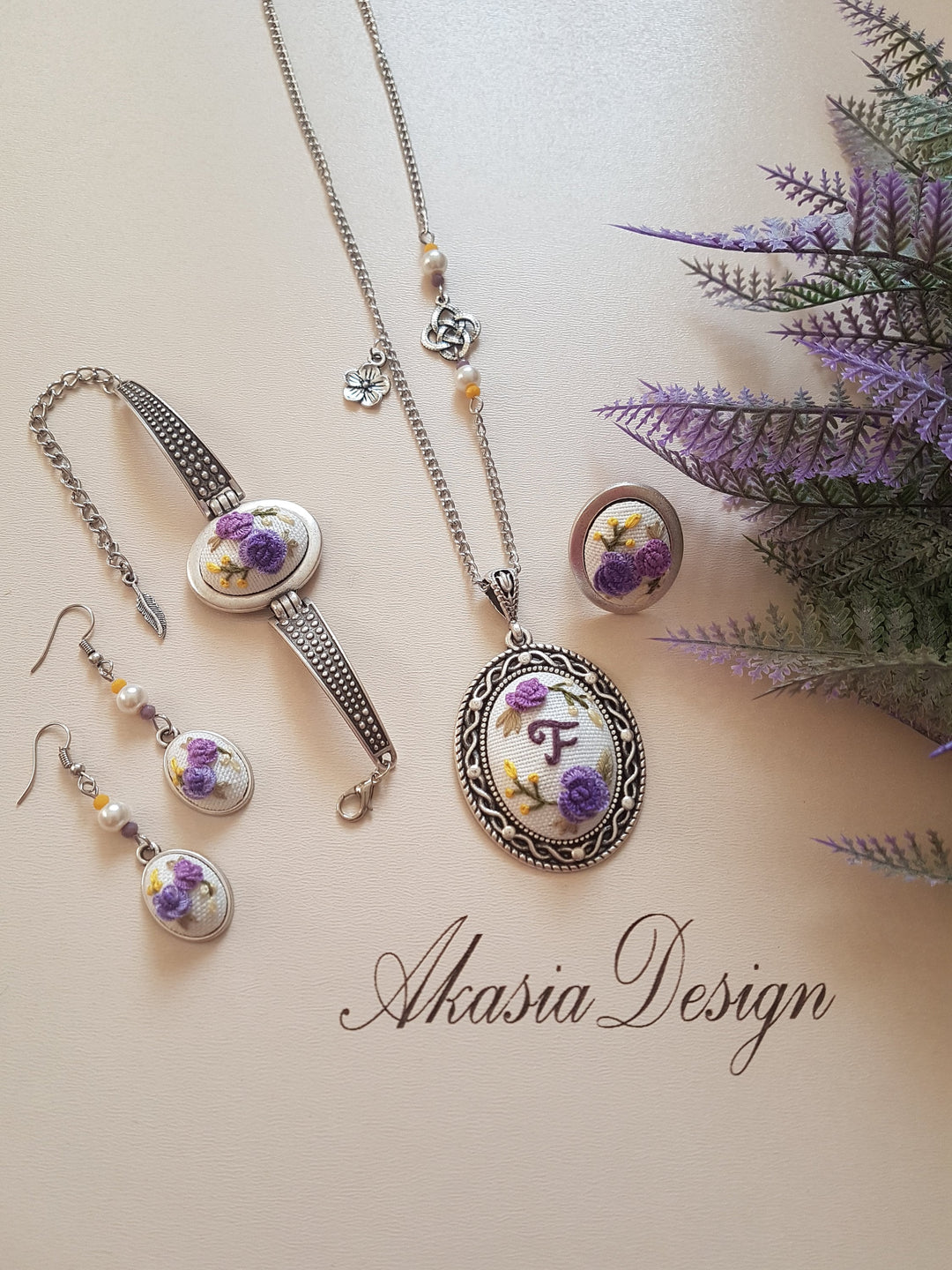 Personalized Floral Embroidery Jewelry|Vintage Embroidered Pendant|Unique Necklace, Bracelet for Mother's Day|Hand Stitched Gift for Her