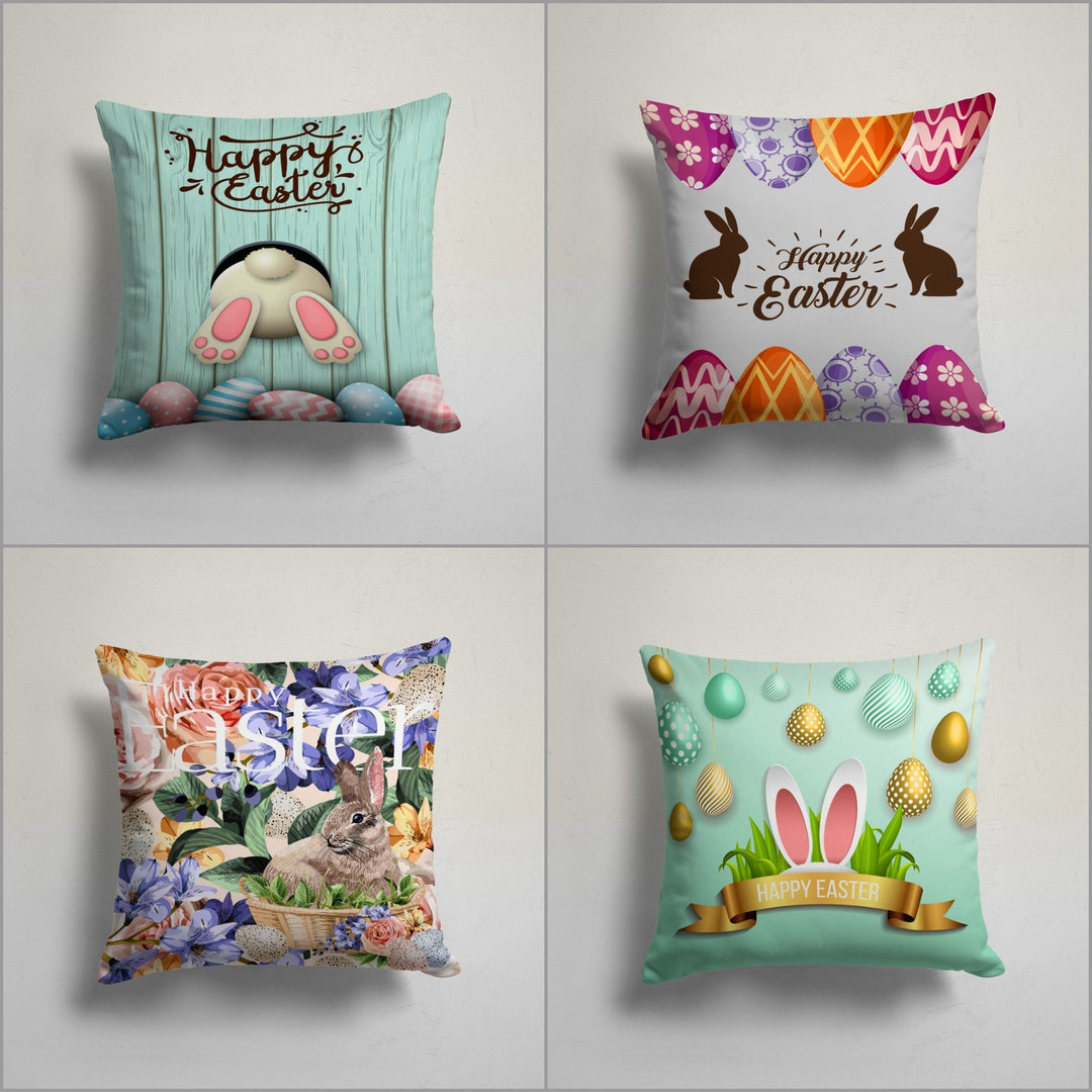 Happy Easter Pillow Cover|Cute Floral Bunny Cushion Case|Decorative Colorful Easter Egg Throw Pillow Case|Spring Trend Holiday Cushion Cover