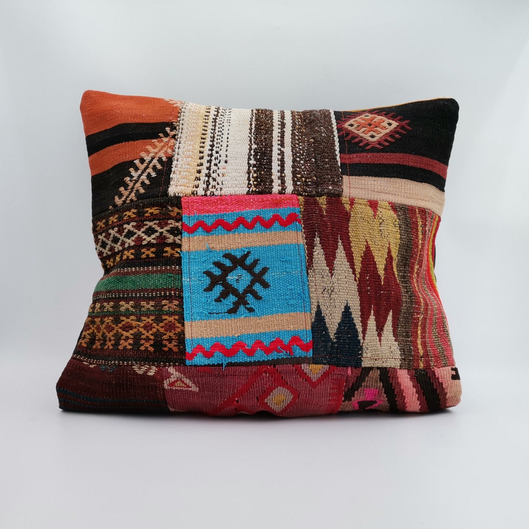 Handwoven Rug Cushion Case|Vintage Kilim Pillow Cover|Colorful Anatolian Throw Pillow Top|Turkish Kelim Cushion|Patchwork Kilim Decor 20x20