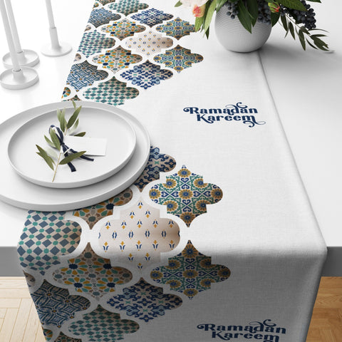 Islamic Table Runner|Eid Mubarak Table Decor|Ramadan Kareem Tablecloth|Ramadan Home Decor|White Gold Mystic Tabletop|Religious Motif Runner