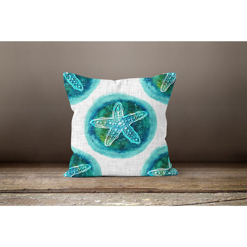 Beach House Pillow Case|Turquoise Starfish and Fish Pillowcase|Striped Nautical Blue Cushion Cover|Coastal Throw Pillow Top|Porch Cushion