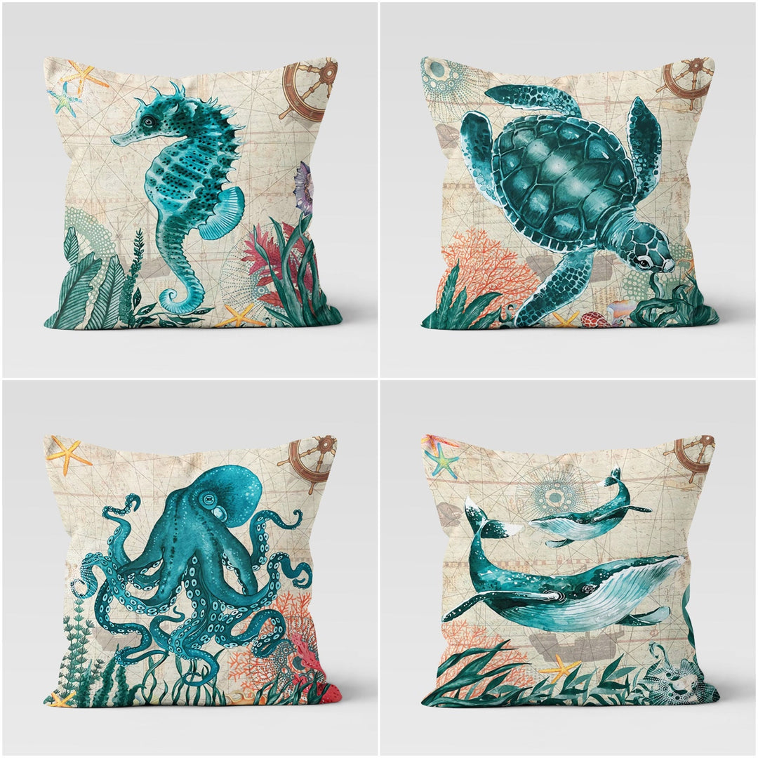 Beach House Pillow Case|Turquoise Beige Seahorse and Sea Turtle Pillowcase|Octopus and Whale Print Cushion Cover|Coastal Throw Pillow Top