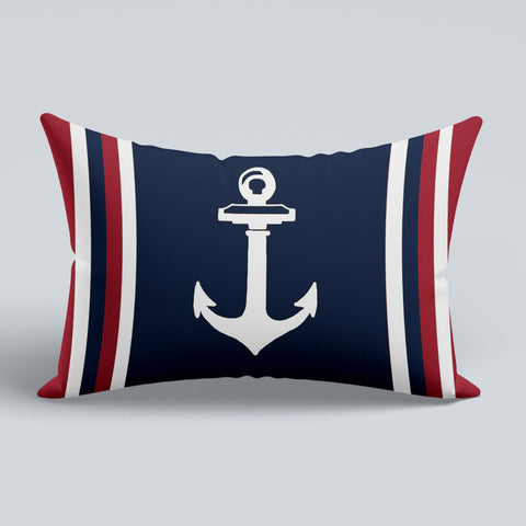 Nautical Pillow Case|Navy Anchor and Wheel Pillow Cover|Decorative Sailor Tie Cushion|Rectangle Beach House Decor|Striped Coastal Cushion