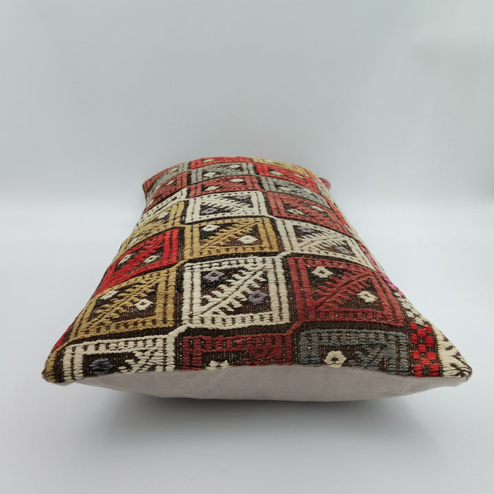 Turkish Kilim Pillow Cover|Handwoven Checkered Design Kelim Cushion Case|Ottoman Rug Lumbar Pillow Top|Anatolian Decor|Vintage Cushion 12x24