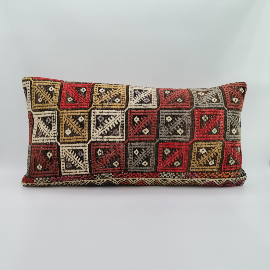 Turkish Kilim Pillow Cover|Handwoven Checkered Design Kelim Cushion Case|Ottoman Rug Lumbar Pillow Top|Anatolian Decor|Vintage Cushion 12x24