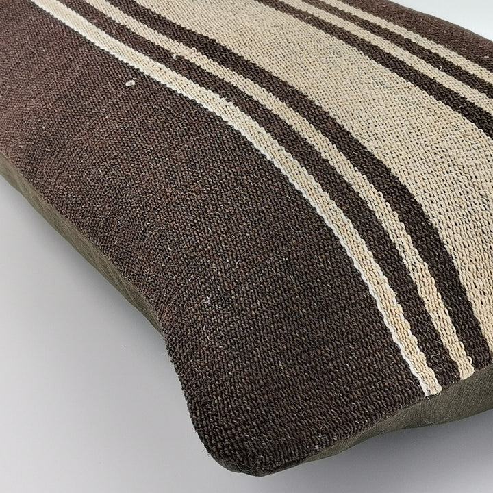 Turkish Kilim Pillow Cover|Brown Kelim Cushion with Beige Stripes|Ottoman Rug Lumbar Pillow|Handwoven Anatolian Decor|Vintage Cushion 12x24