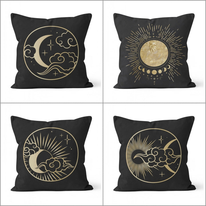 Moon Pillow Cover|Moon Dream Cushion Case|Black Gold Planet Home Decor|Decorative Space Pillowcase|Sun and Phases of the Moon Cushion Cover