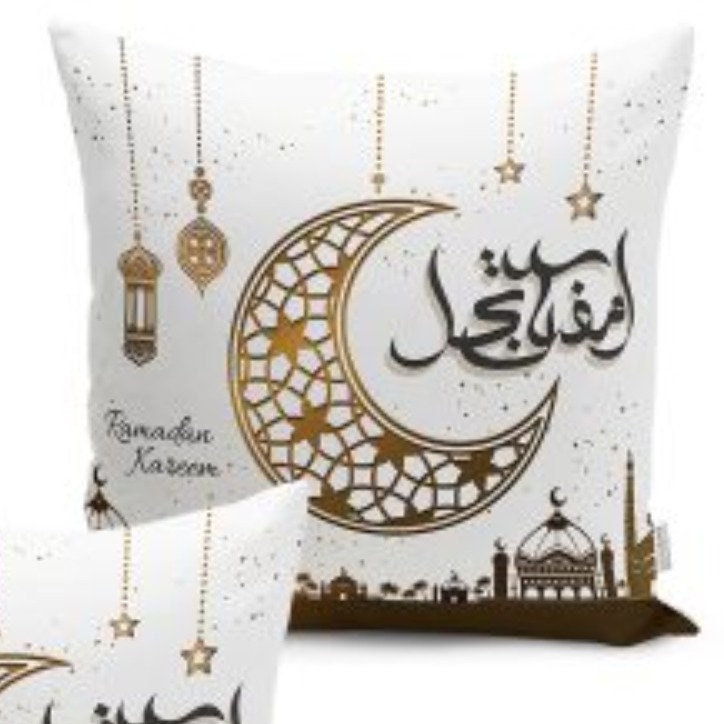 Set of 4 Islamic Pillow Covers and 1 Table Runner|Ramadan Kareem Home Decor|Religious Tablecloth and Cushion with Crescent with Mosque Print